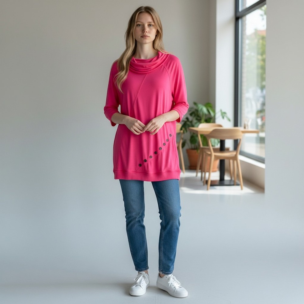 Soft Surroundings Tunic Women L Pink Excellent Cowl Neck Button Trim Slub Knit